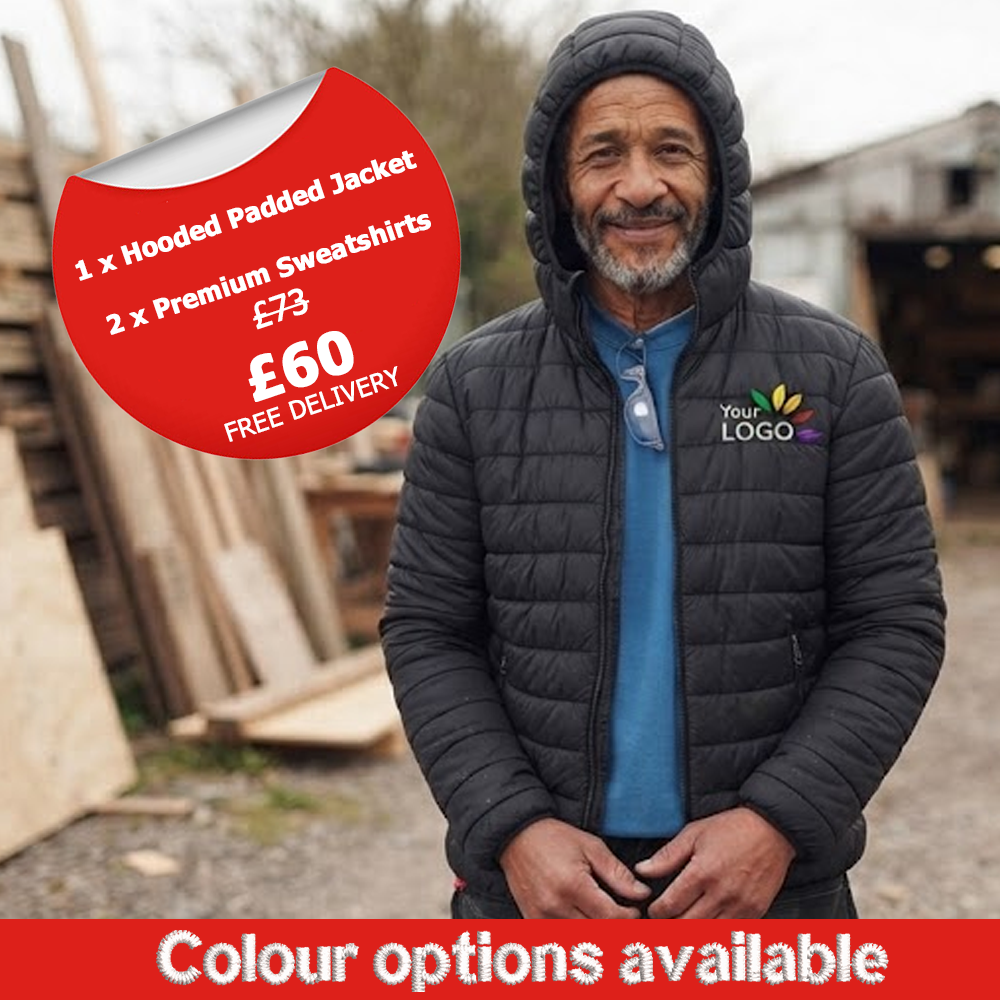 1 x Hooded Padded Jacket AND 2 x Sweatshirts - LEFT CHEST LOGO INCLUDED