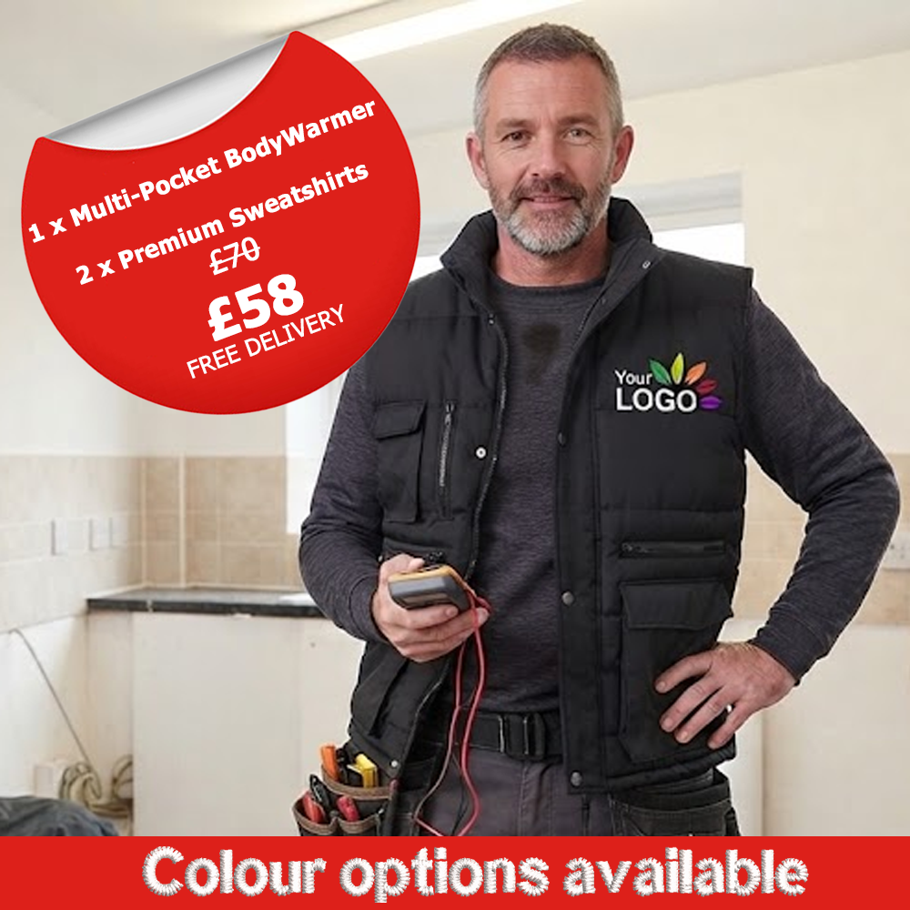 1 x Multi-Pocket BodyWarmer AND 2 x Sweatshirt - LEFT CHEST LOGO INCLUDED