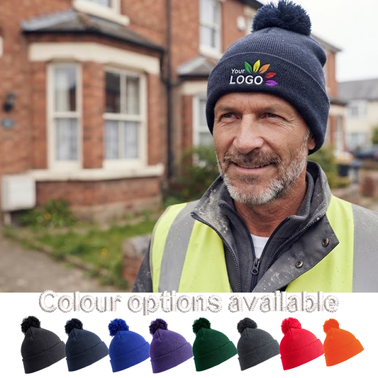 Pom-Pom Beanie Woven - With Front Centre Embroidery